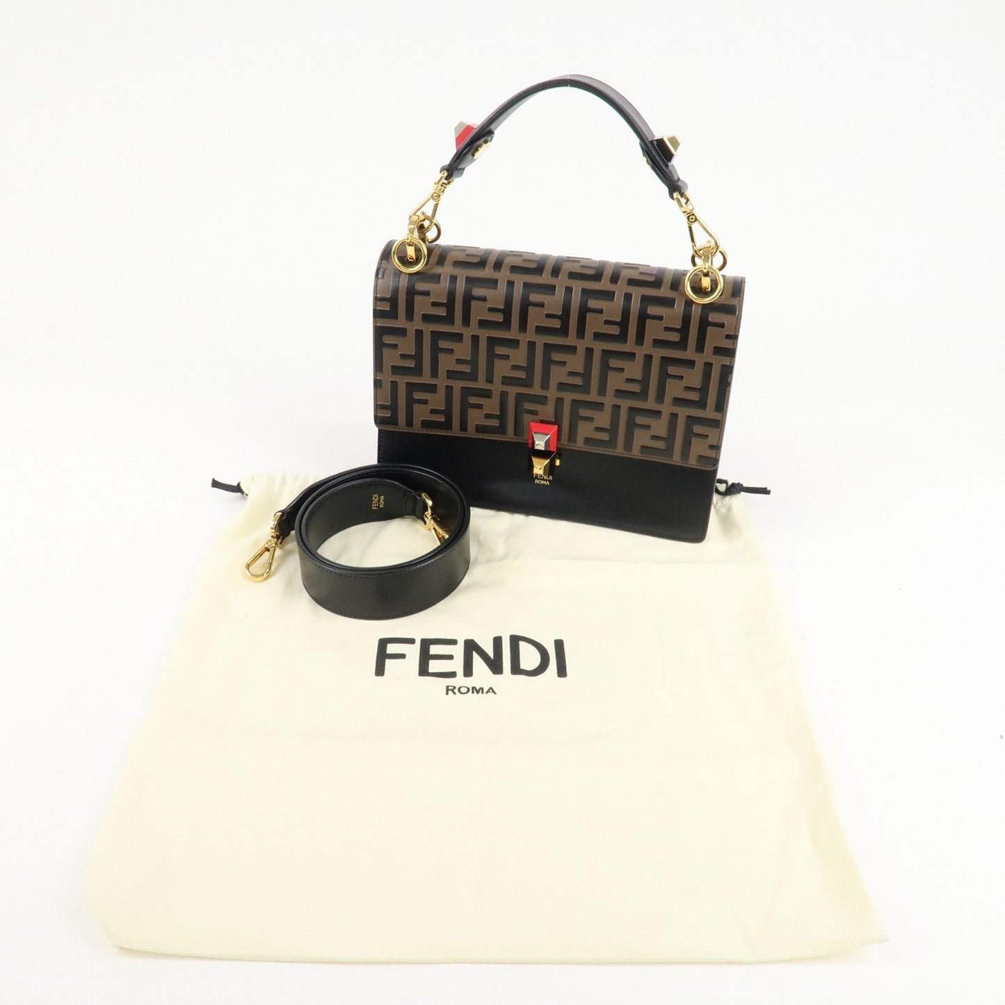 FENDI Zucca KAN I Leather 2Way Bag Hand Bag Brown Black 8BT283  d