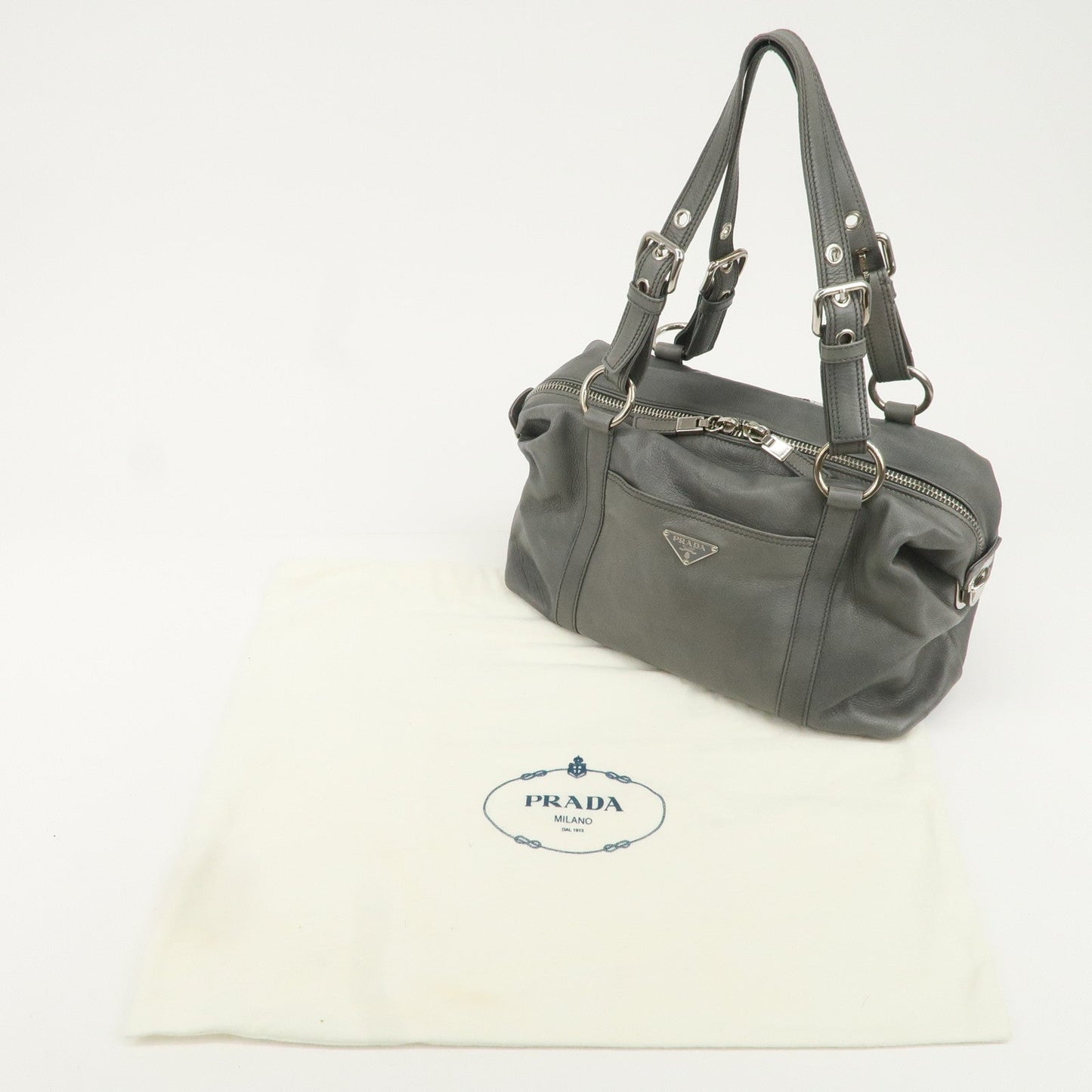 PRADA Leather Boston Bag Shoulder Bag Gray Silver Hardware  d