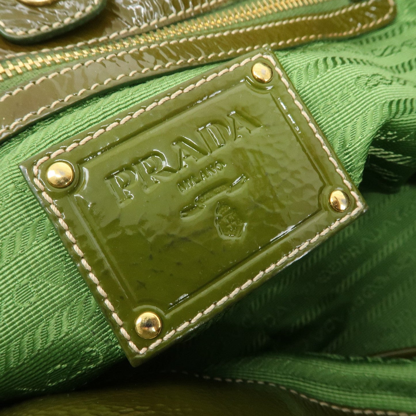 PRADA Nylon Patent Leather Tote Bag Shoulder Bag Green Khaki  d