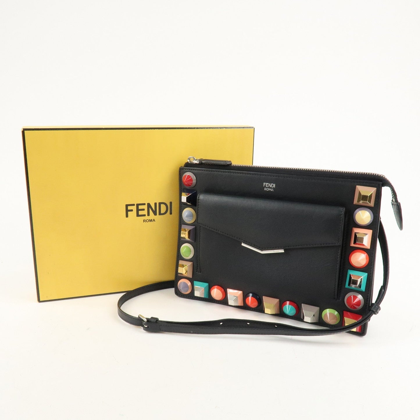 FENDI Leather Toujours Multi-Studs Shoulder Bag Black 8M0369  d