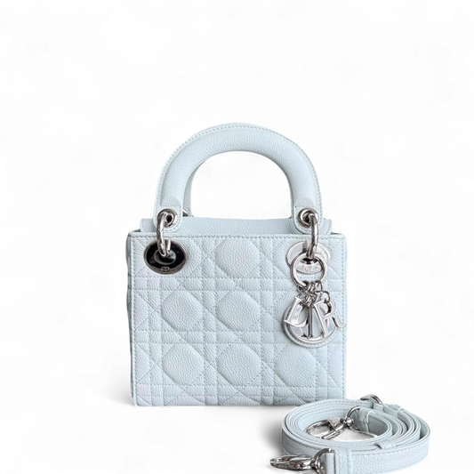 Dior Lady Mini - Grained Calfskin Cannage Glacier White Silver Hardware