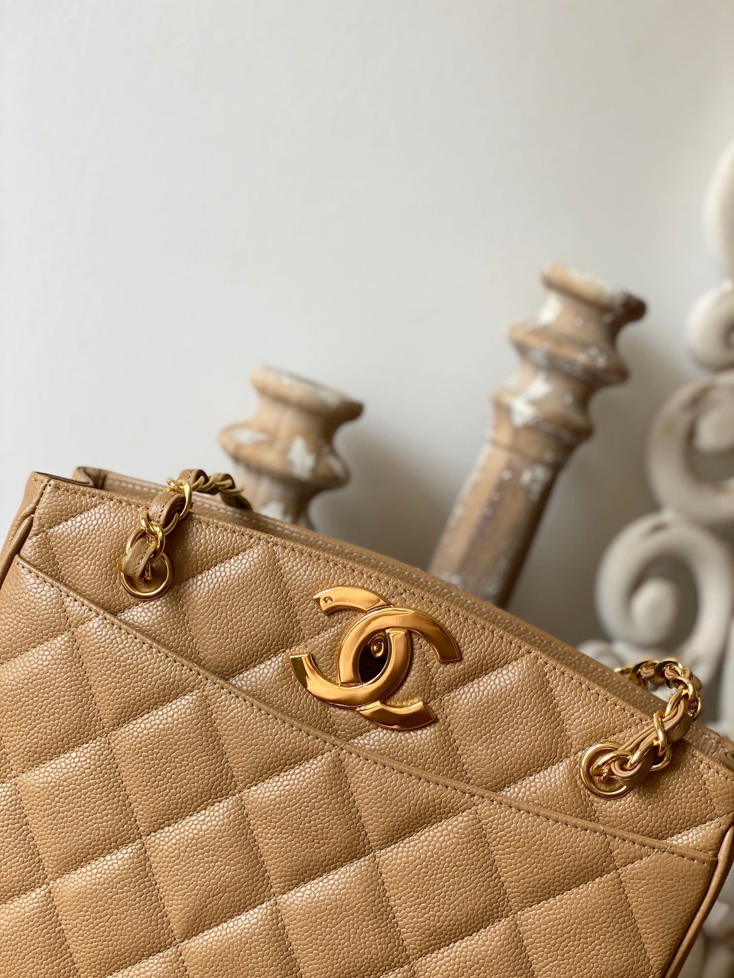 CHL Beige Medium Quilted Caviar Tote Bag For Women 28cm/11in