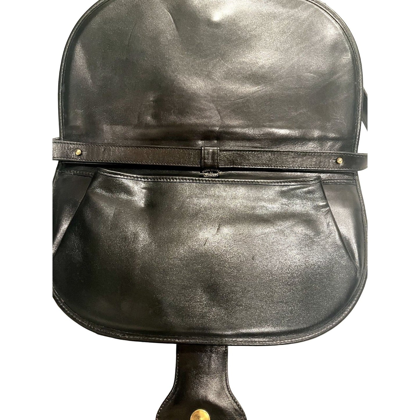 , rare, black leather, Gucci shoulder bag with a large, two-tone 'GG' emblem and removable strap