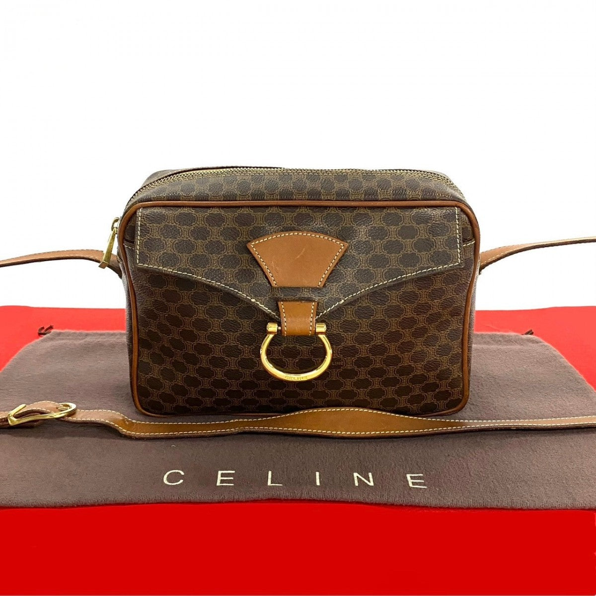 CELINE Shoulder Bag Leather, PVC Brown Macadam Blason Triomphe Pattern Women