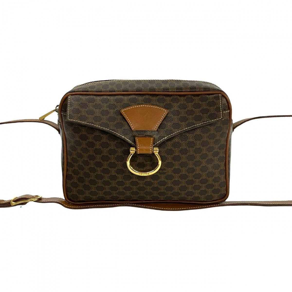 CELINE Shoulder Bag Leather, PVC Brown Macadam Blason Triomphe Pattern Women