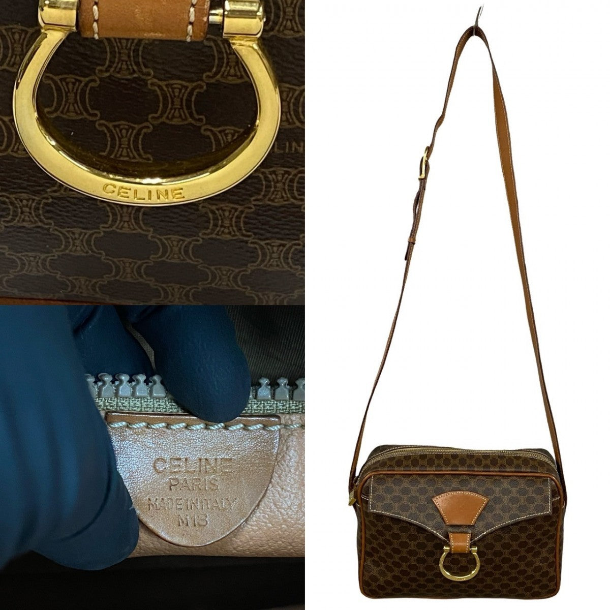 CELINE Shoulder Bag Leather, PVC Brown Macadam Blason Triomphe Pattern Women
