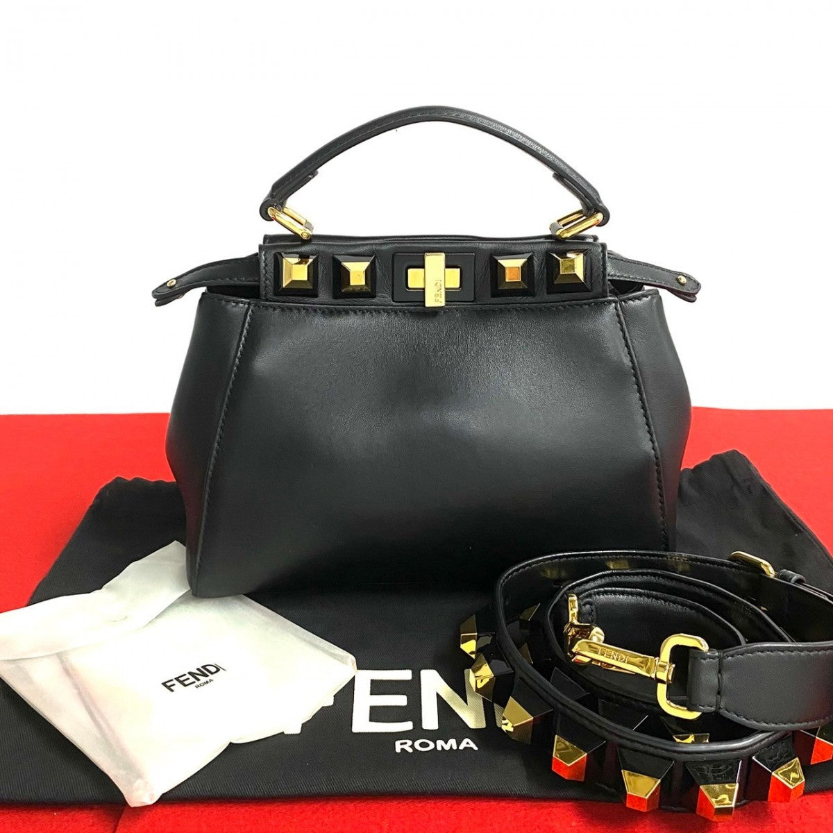 FENDI Shoulder Bag 8BN244�E9DT Calf leather black Gold Edition Studs Mini Peacock Women