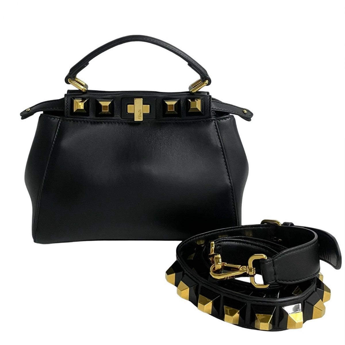 FENDI Shoulder Bag 8BN244�E9DT Calf leather black Gold Edition Studs Mini Peacock Women