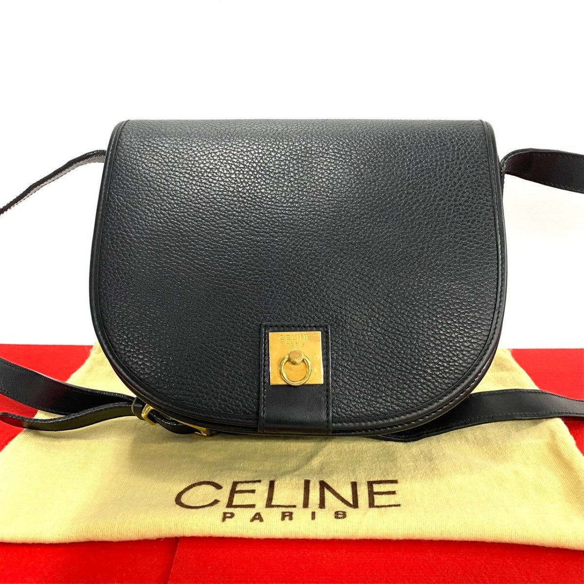 CELINE Shoulder Bag leather black logo ring Metal Women