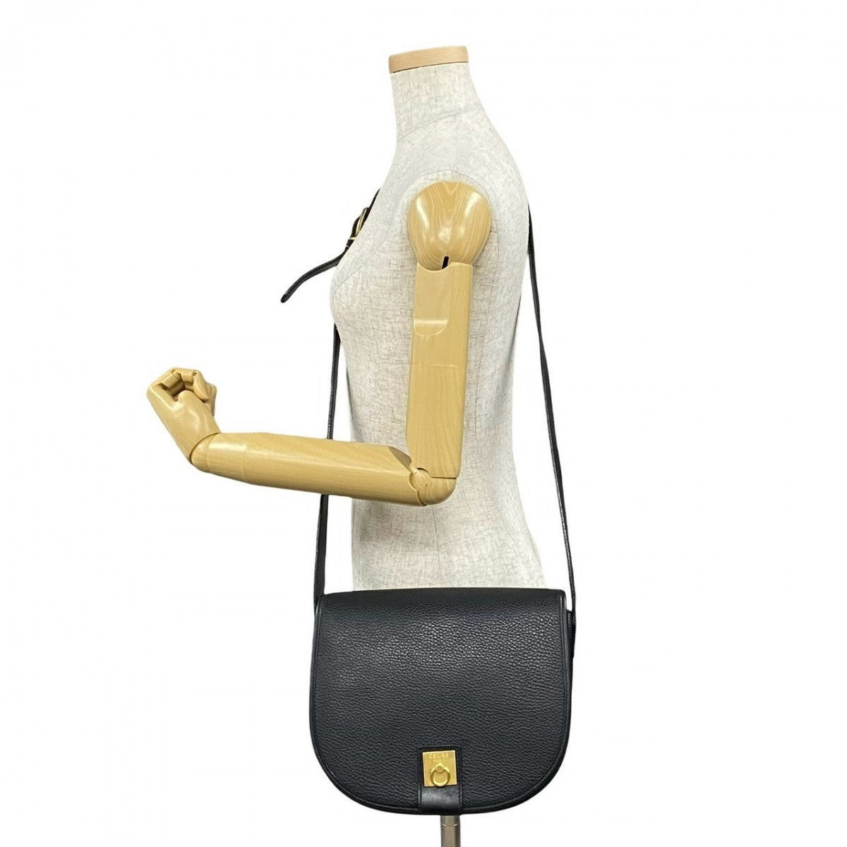 CELINE Shoulder Bag leather black logo ring Metal Women