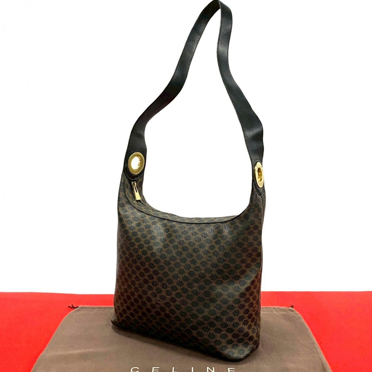 CELINE Shoulder Bag Leather, PVC black Macadam Blazon Triomphe Pattern Circle Logo Metal Women