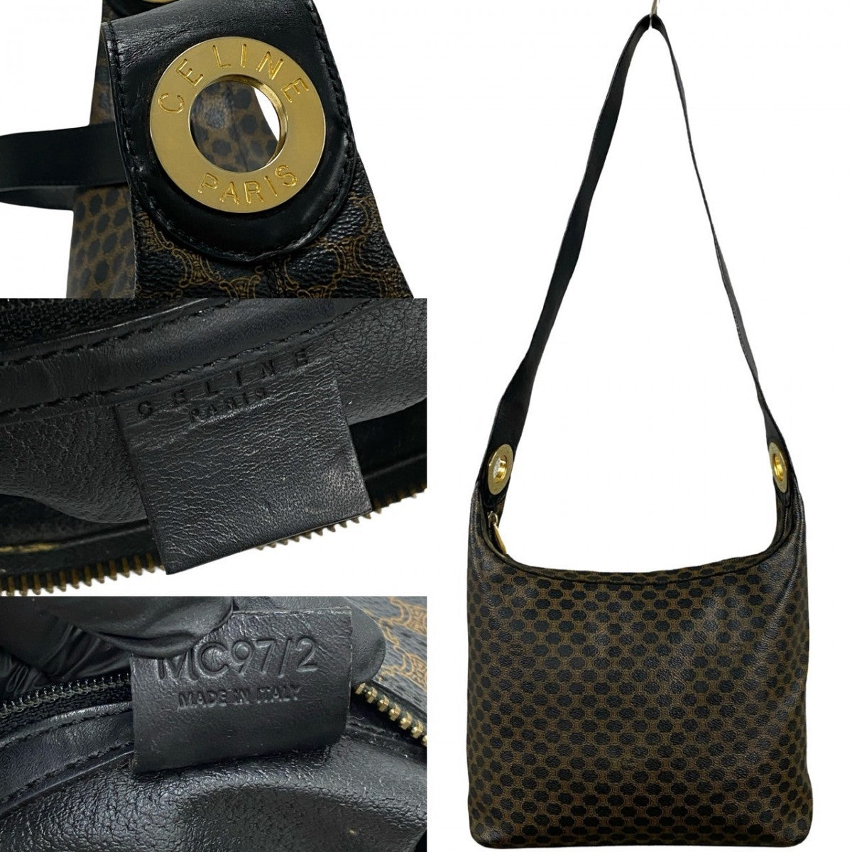 CELINE Shoulder Bag Leather, PVC black Macadam Blazon Triomphe Pattern Circle Logo Metal Women