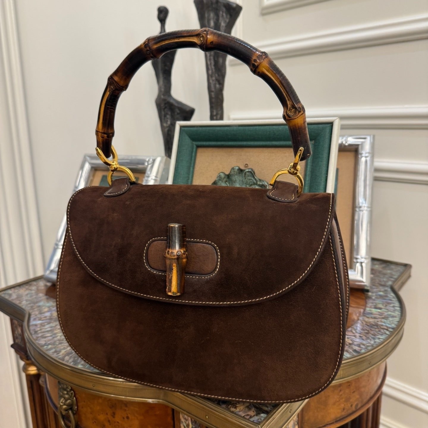 Gucci Bamboo 1947 Top Handle Bag Suede Leather Medium Dark Chocolate Brown