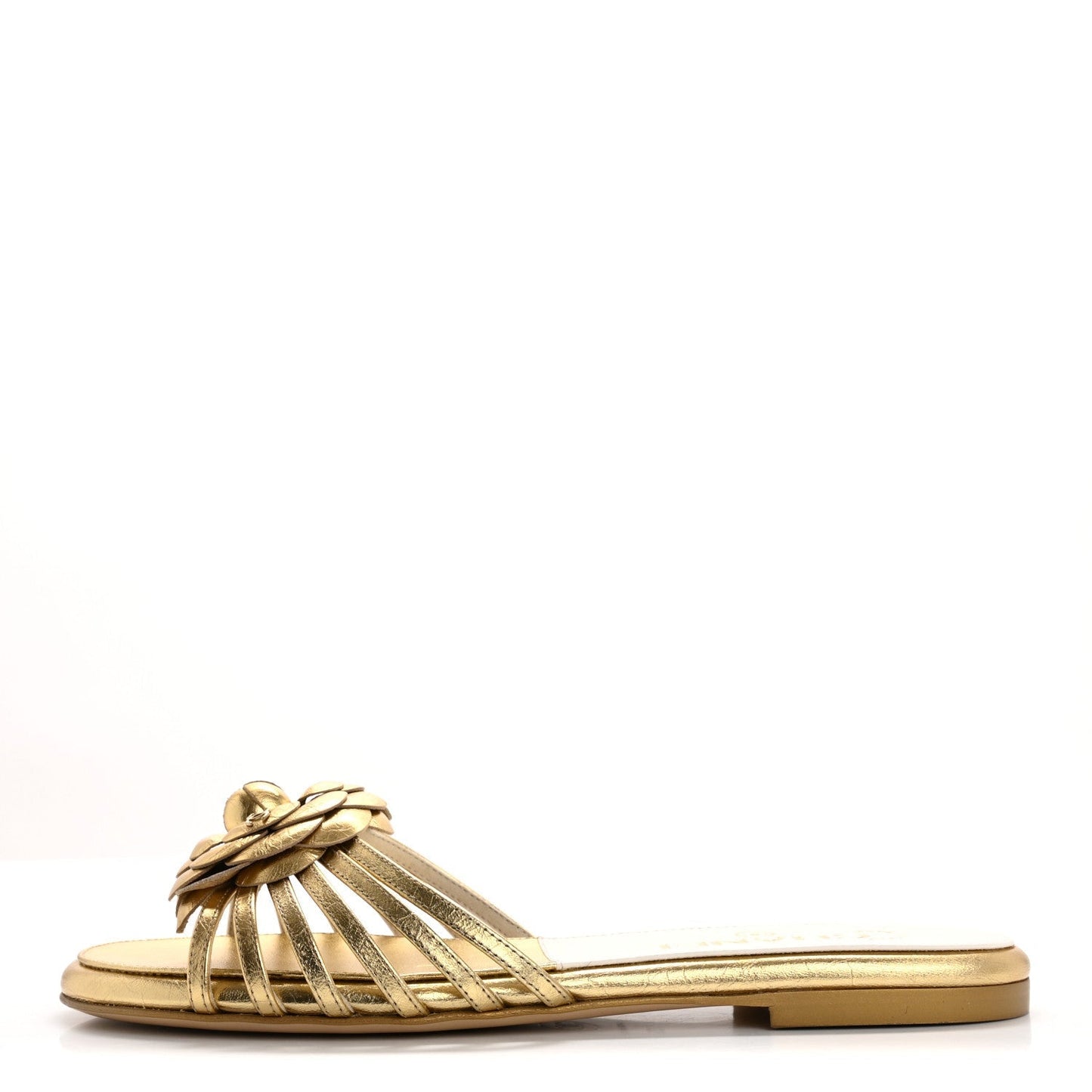 Chanel Laminated Lambskin Camellia CC Slide Sandals 36 Golden