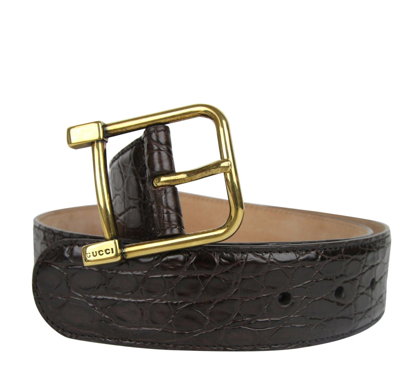 Gucci Women's Gold Square Buckle Dark Brown Crocodile Belt (105 / 42)