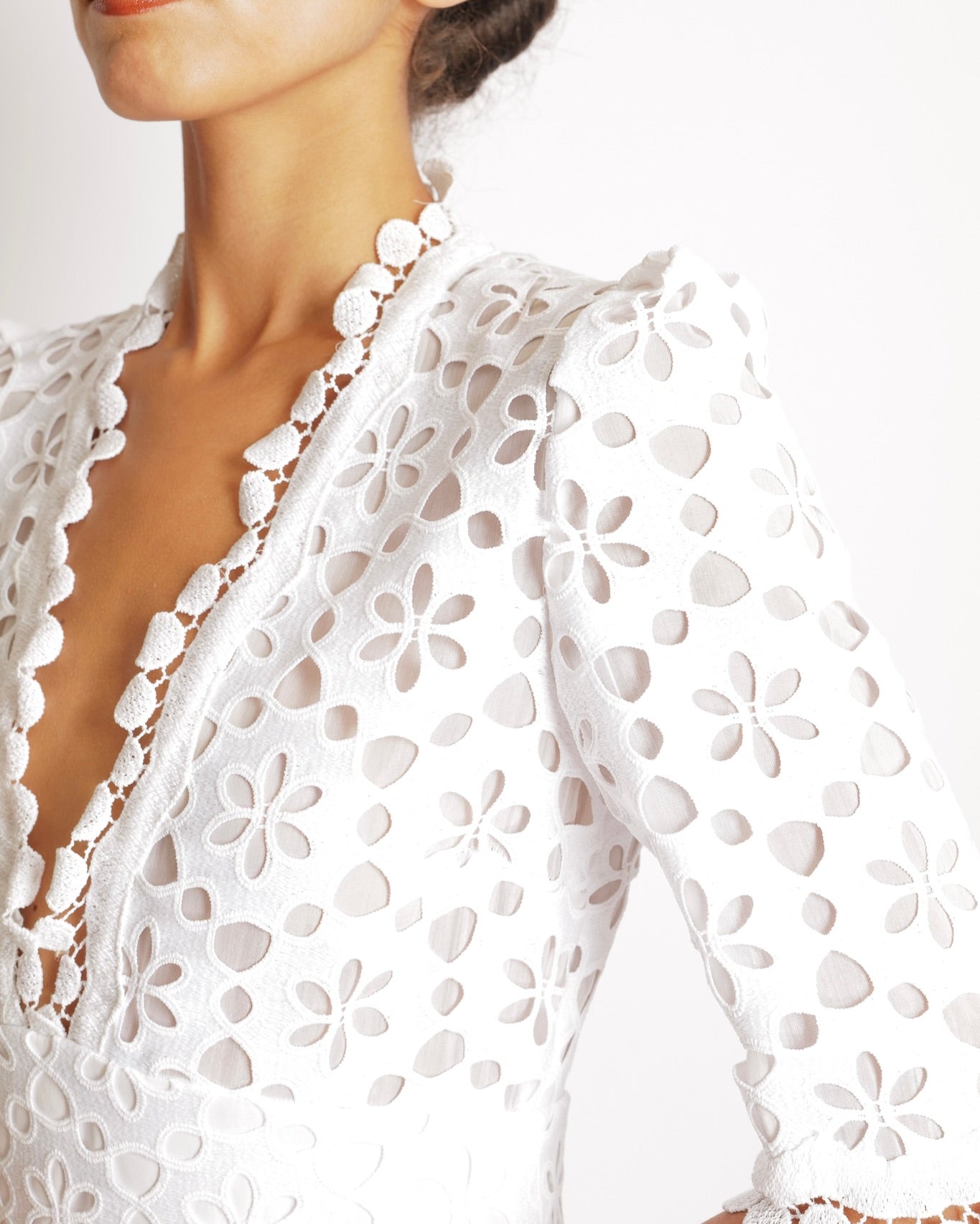 Elie Saab White Macrame Lace Midi Dress with V-Neck Detail Size FR 38 (UK 10)