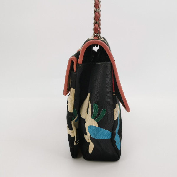 Chanel 2.55 Flap Bag   Chocolate Bar Multipocket 2000 Large Black Fabric with Bird Print