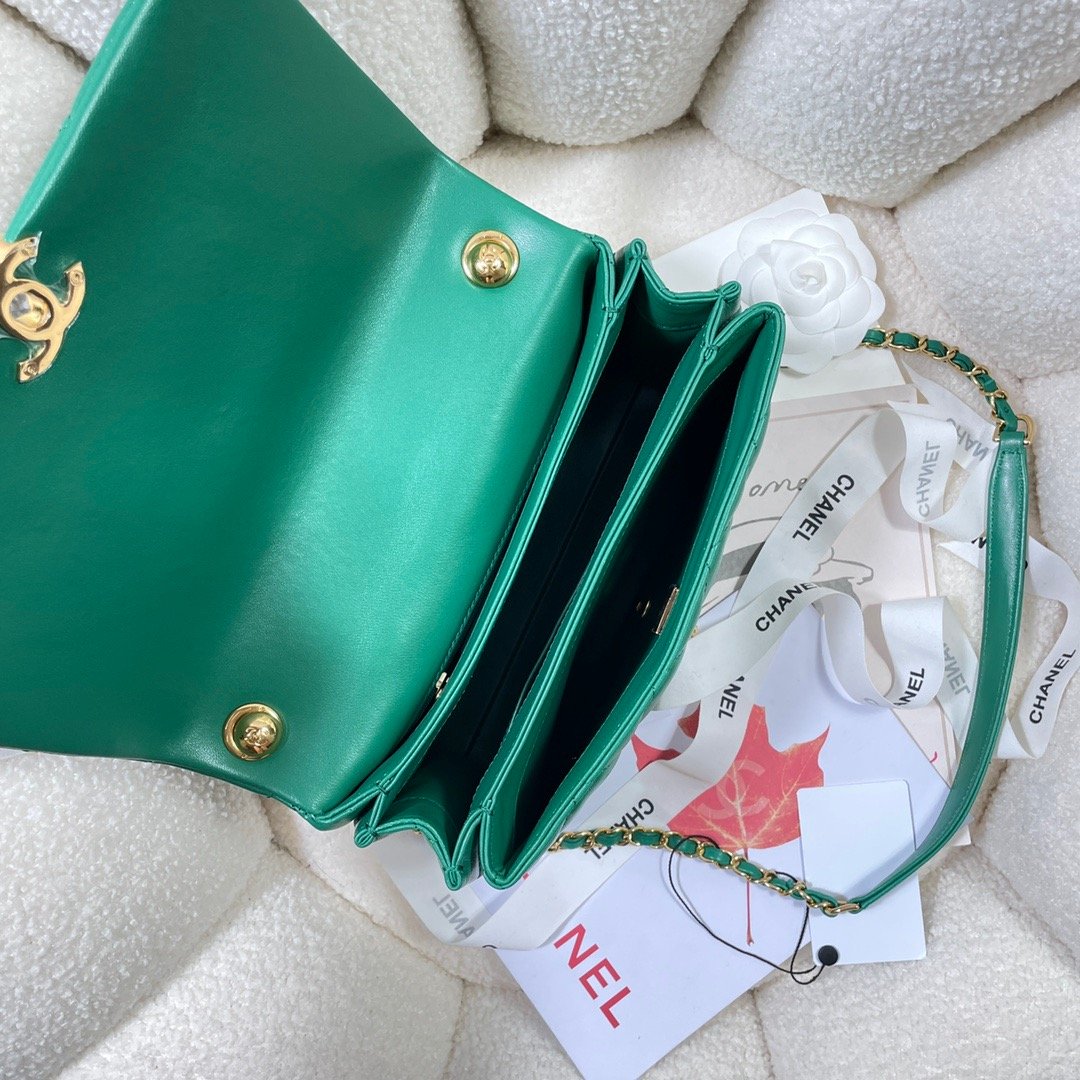 CHLLarge Flap Bag Gold Hardware Green For Women, Women’s Handbags, Shoulder Bags 9.1in/23cm AS3367