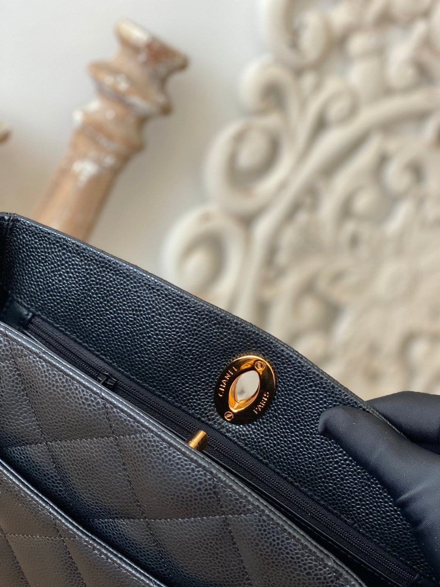CHL Black Large Quilted Caviar Tote Bag For Women 28cm/11in