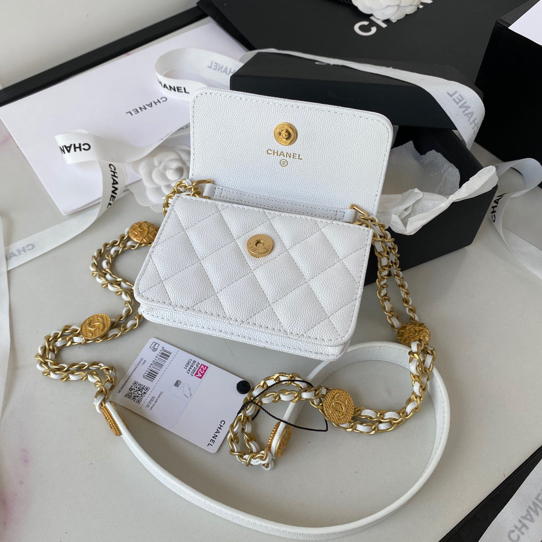 CHL Clutch With Chain Gold Hardware Grained Shinny White For Women Handbags, Shoulder Bags 4.7in/12cm AP2857