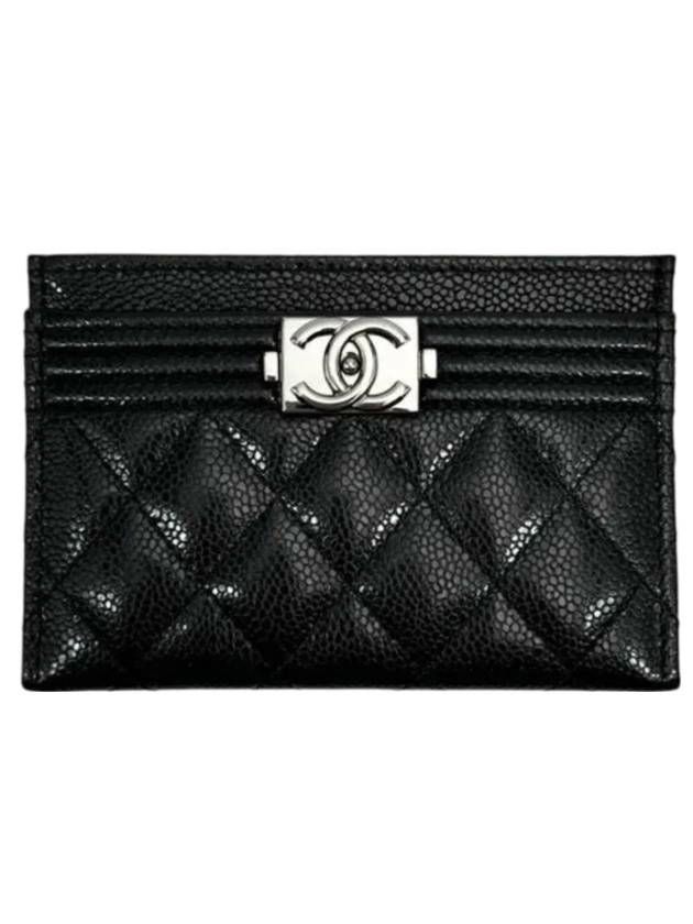 Boy Shining Silver Logo Caviar Card Wallet Black Chanel