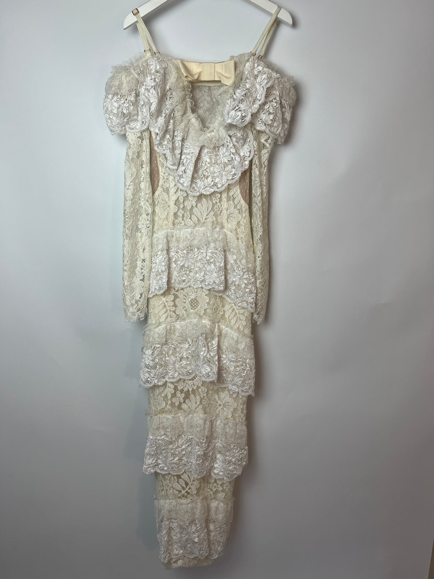Alessandra Rich White Tiered Lace Long Sleeve Maxi Dress with Frills and Bow Detail Size IT 38 (UK 6)