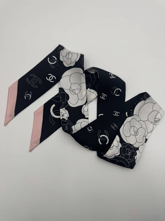 Camellia Twilly Silk Muffler Black Pink Chanel