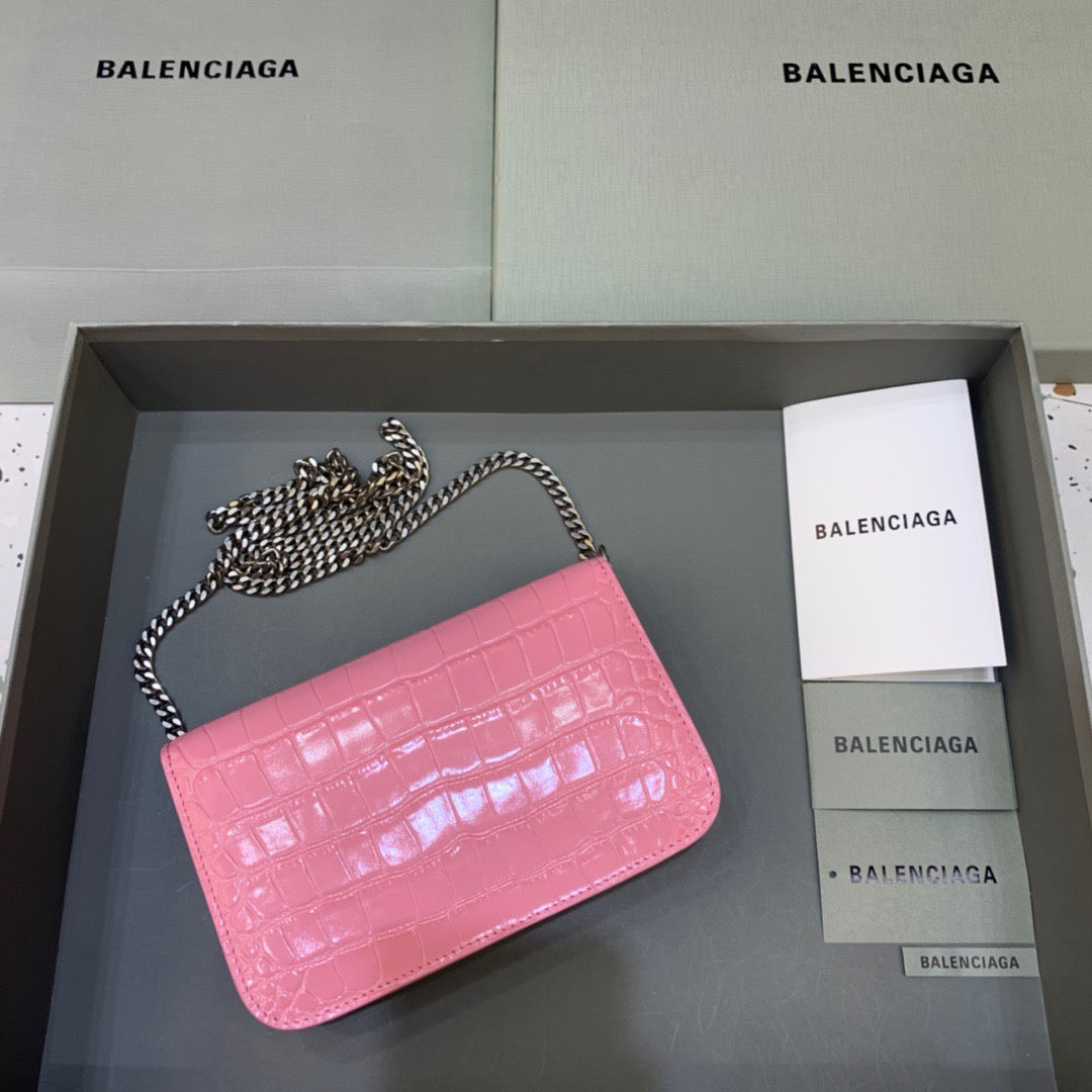 Top Quality Croc Embossed Patent B Bag With Chain In Pink, For Women,  Bags 7.9in/20cm