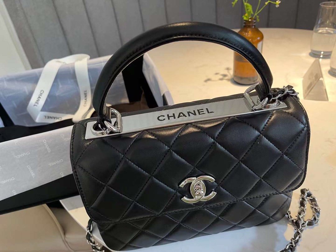 CHL Classic Flap Bag Silver Hardware Black 9.8in/25cm