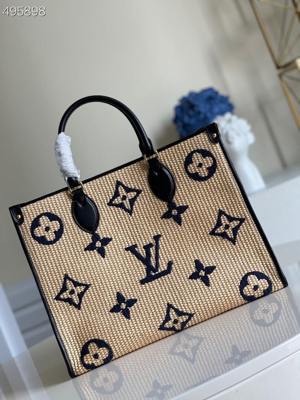 Top Quality OnTheGo MM Tote Bag Monogram Raffia Navy Blue For Women,  Shoulder Bags 13.8in/35cm Top Quality M57723