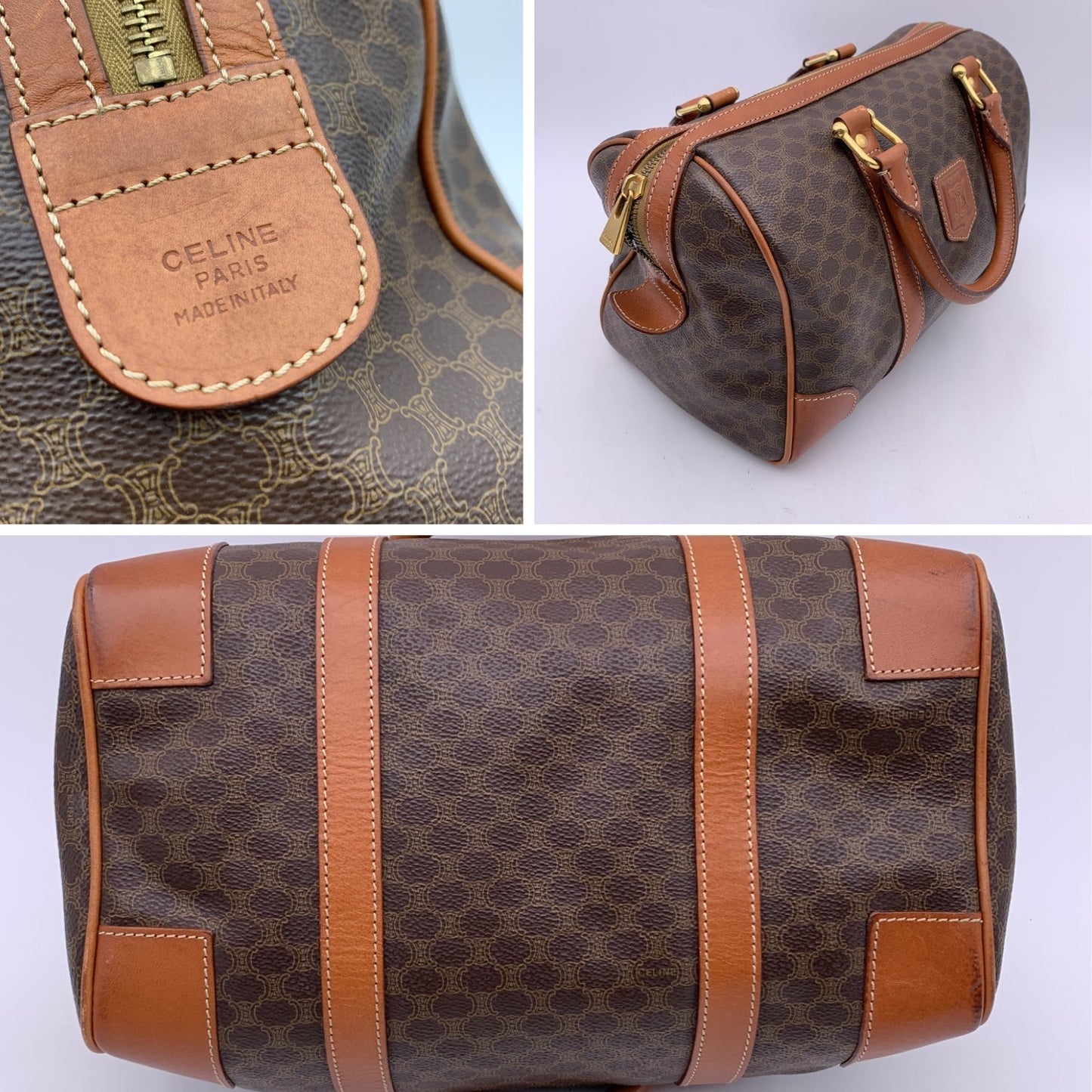 Luxury CELINE   Brown Macadam Canvas Boston Bag Duffel Duffle