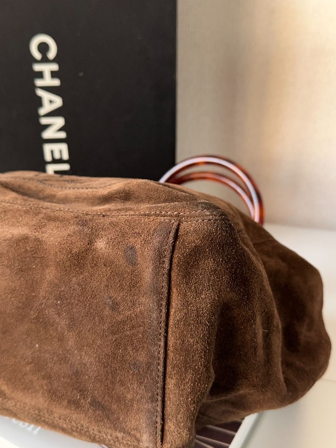 CHANEL Suede Tortoise CC Drawstring Tote Brown MR205202571022