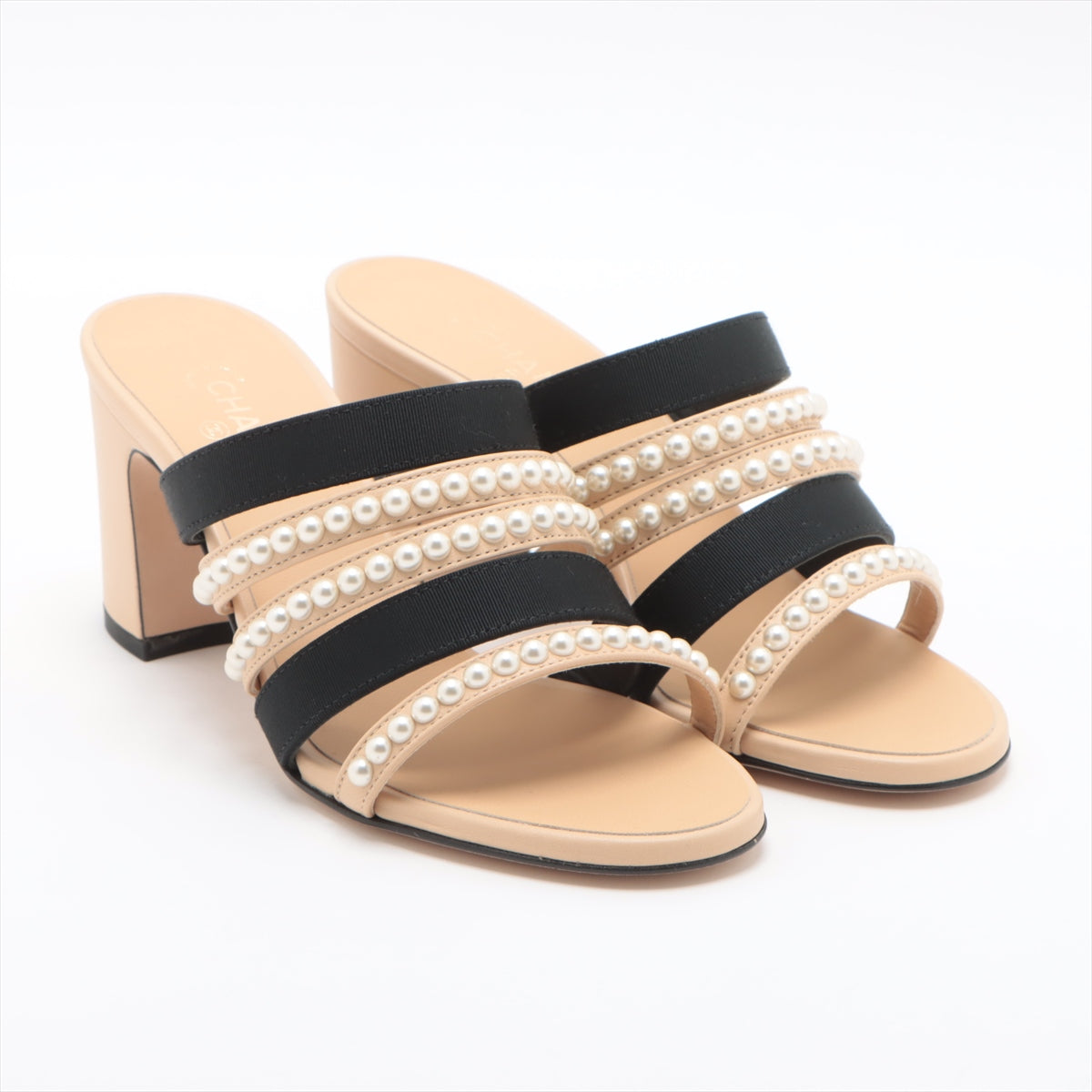 Chanel Coco Leather X Fabric Sandal 35C  Beige X Black G35381 Pearl Mould Sandal  Bag