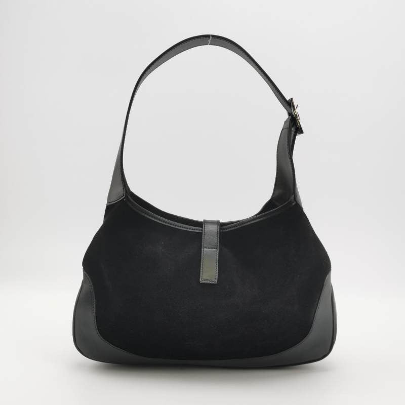 Gucci Jackie   Medium Black Leather Suede Green Web Shoulder Bag