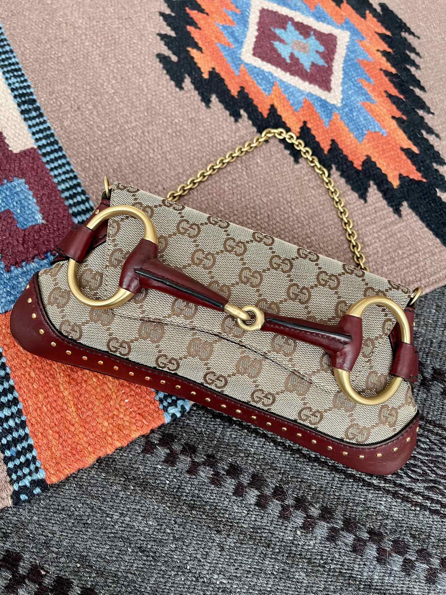 Gucci Horsebit 1955 Small Cloth Beige Monogram Burgundy Leather Shoulder bag