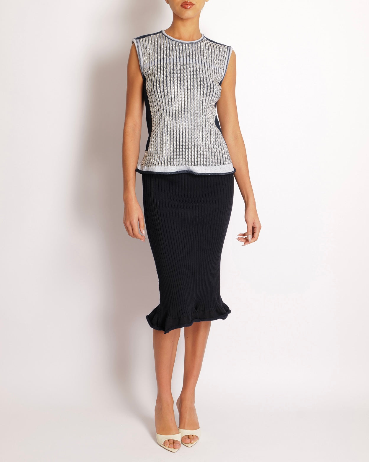 *RUNWAY* Louis Vuitton Fall 2015 Navy and White Knit Crystal Embellished Top and Skirt Set Size S/L (UK 8/12)