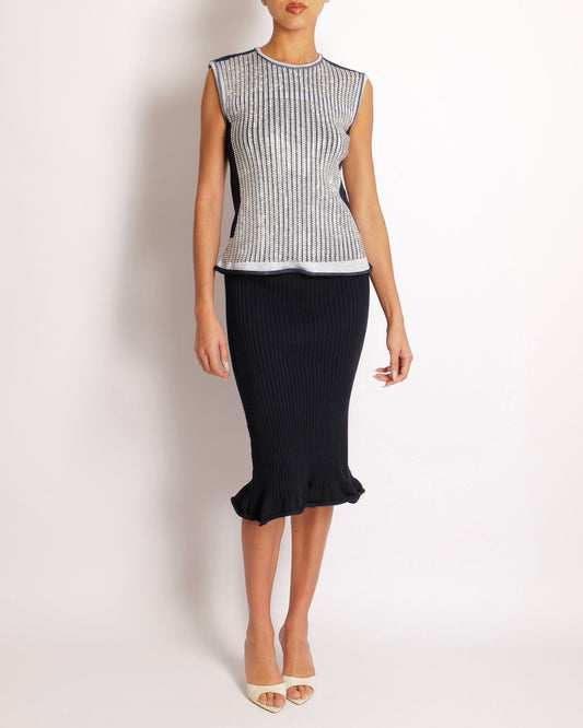 *RUNWAY* Louis Vuitton Fall 2015 Navy and White Knit Crystal Embellished Top and Skirt Set Size S/L (UK 8/12)