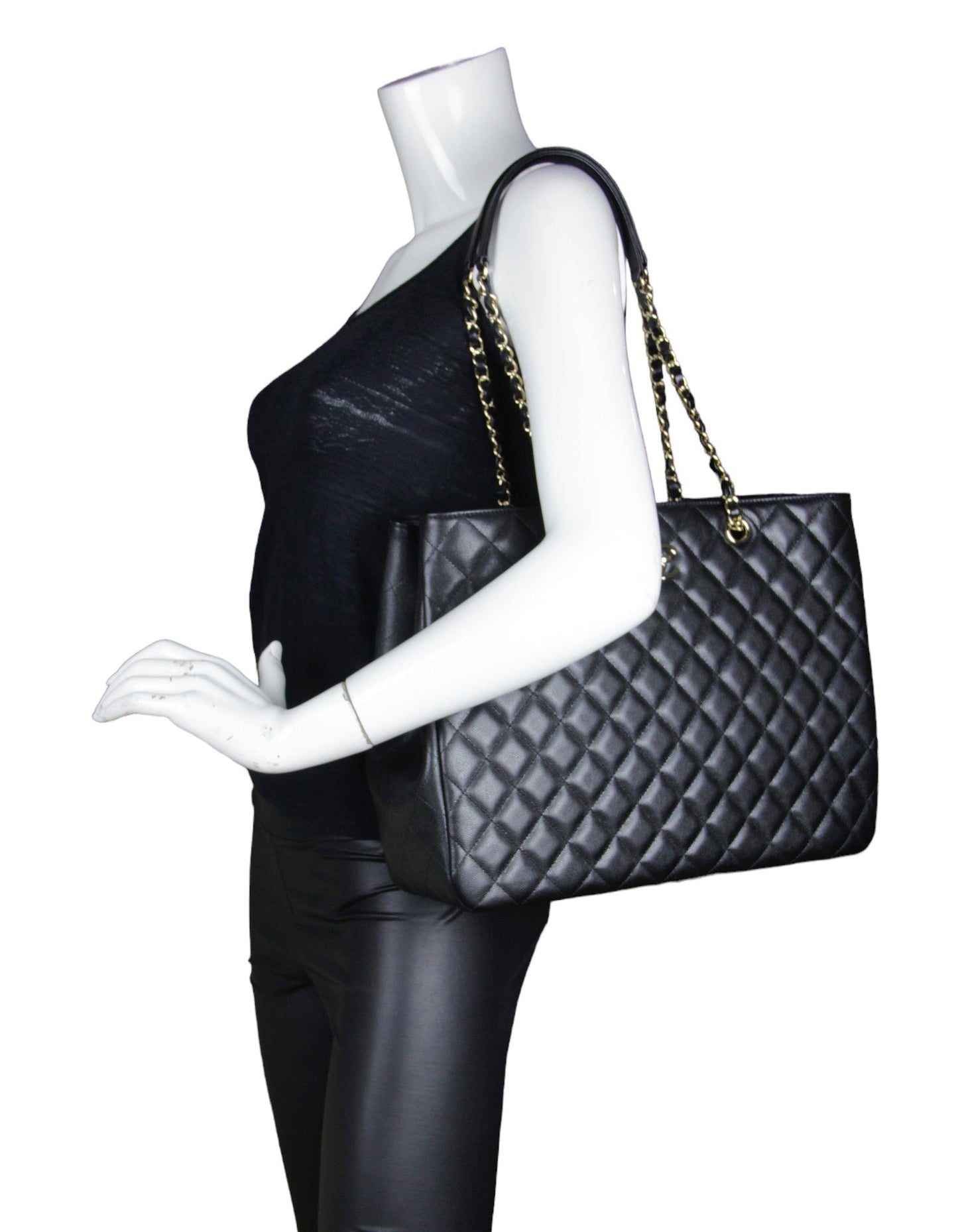 Chanel 2022 Black Caviar Leather Quilted Large Classic Shopping Tote Bag