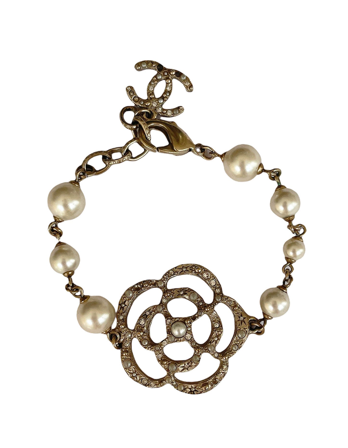 Chanel Gold Camellia and Faux Pearl Bracelet