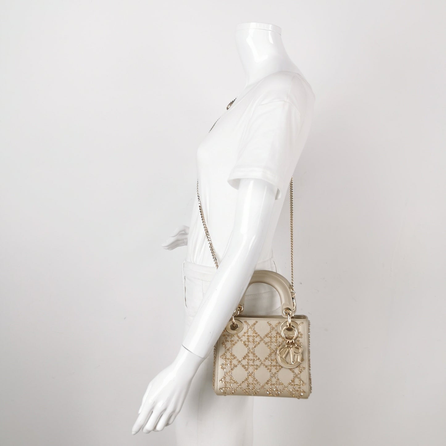 Lady Dior Mini Gold Calfskin Leather with Crystals Gold Hardware 2020