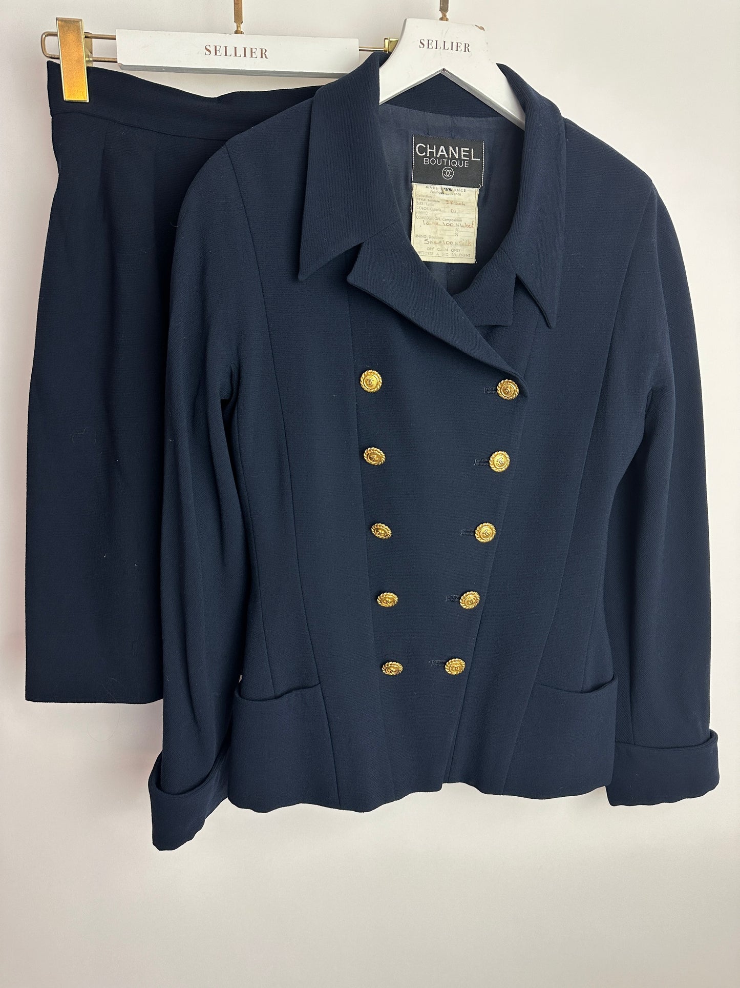 Chanel   Navy Double Breasted Wool Blazer Jacket and Skirt Set with Gold CC Logo Button Detail FR 38 (UK 10)