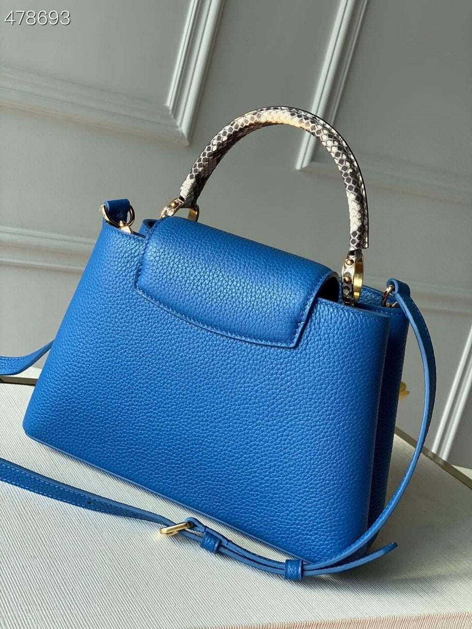 Top Quality Woven Capucines Python Handle Bag 27cm Taurillon Leather Spring/Summer 2021 Collection N98388, Blue