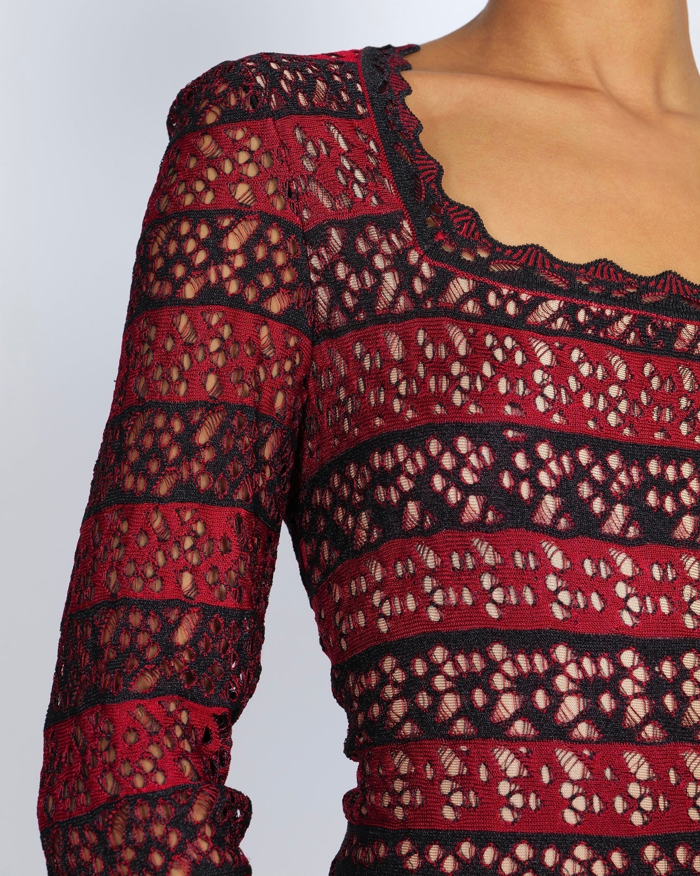 Alaia Burgundy Perforated Striped Long-Sleeved Mini Dress Size FR 42 (UK 14)