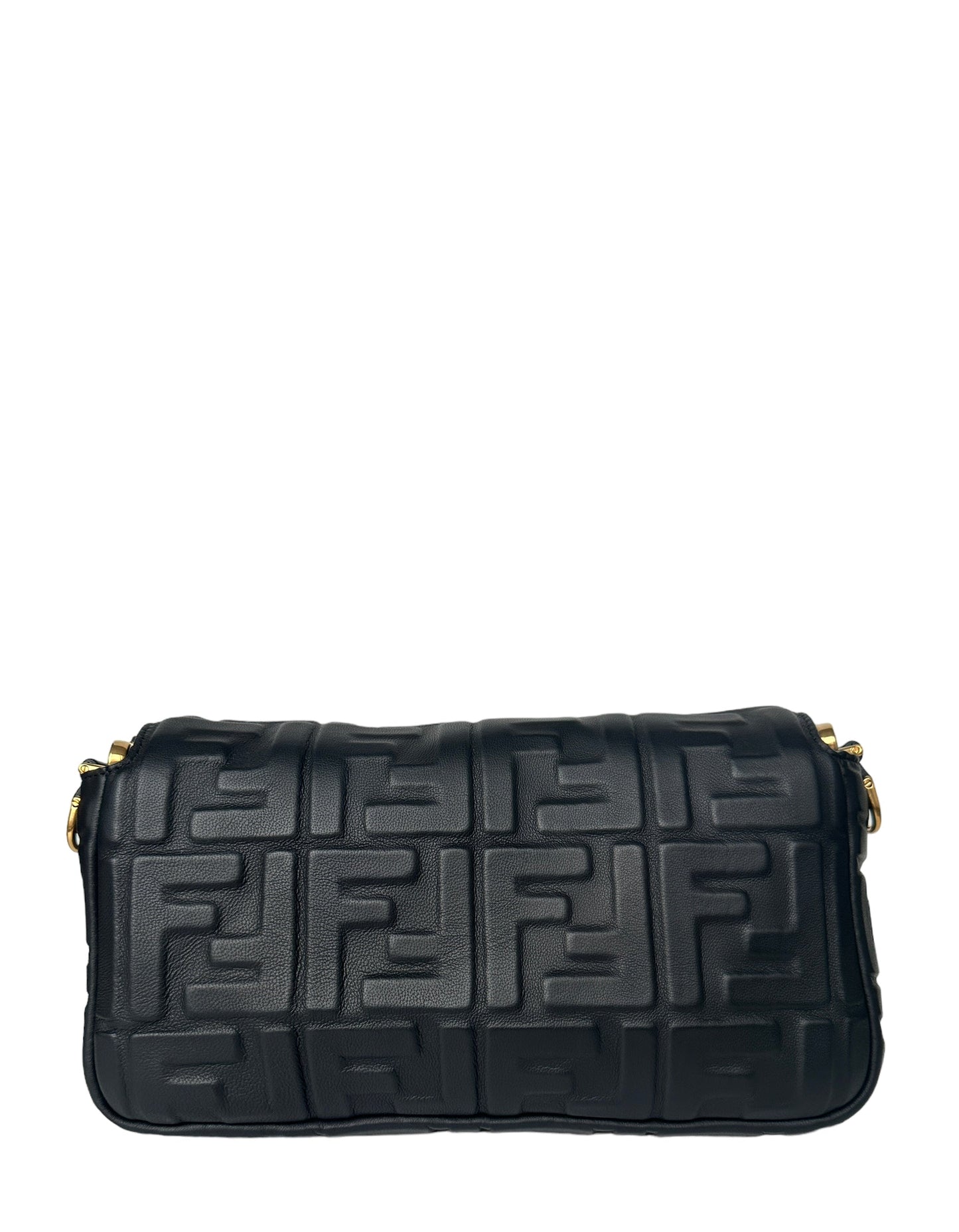 Fendi Black Nappa Embossed Logo FF 1974 Medium Baguette NM Bag w/ Two Straps