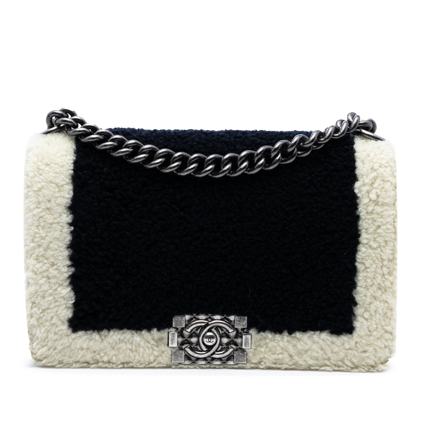 Black Chanel Old Medium Bicolor Shearling Boy Flap Crossbody Bag