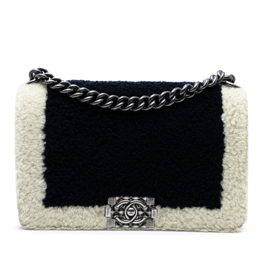 Black Chanel Old Medium Bicolor Shearling Boy Flap Crossbody Bag