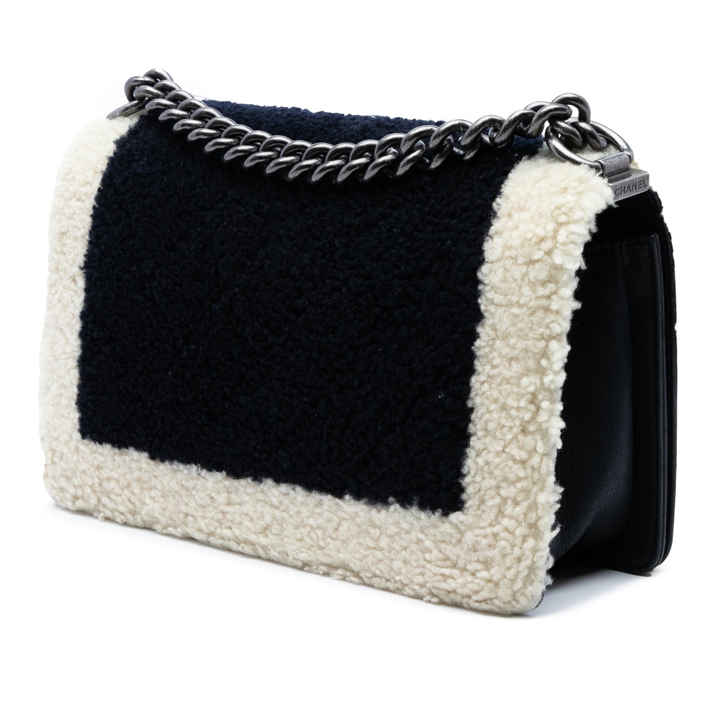 Black Chanel Old Medium Bicolor Shearling Boy Flap Crossbody Bag
