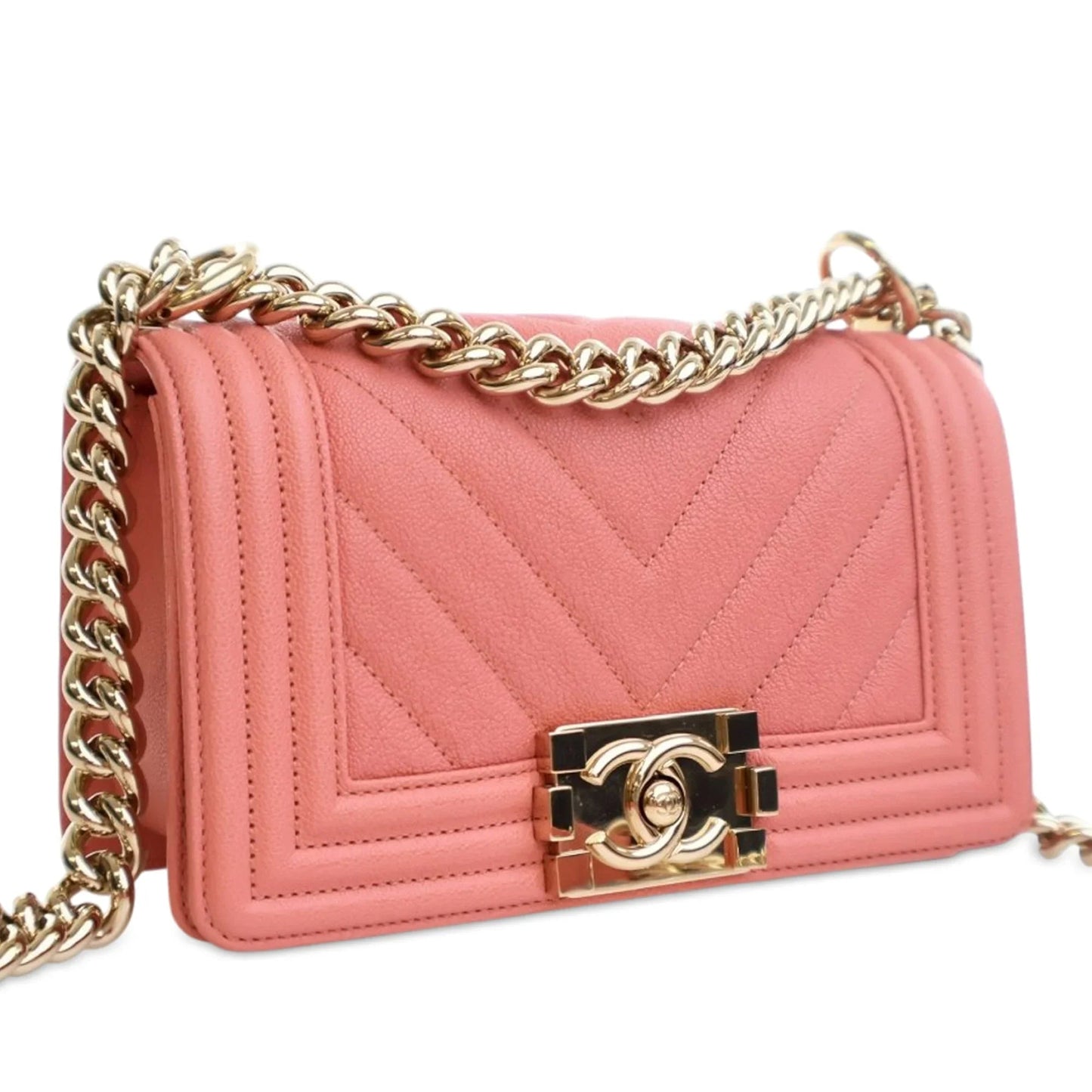 Pink Chanel Small Chevron Caviar Boy Flap Crossbody Bag