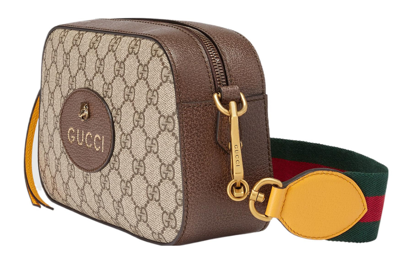 GUCCI Neo   Metallic Tiger Head Logo Stripe Webbing Shoulder Messenger Bag Unisex / / Brown / Yellow 476466-K9GVT-8856