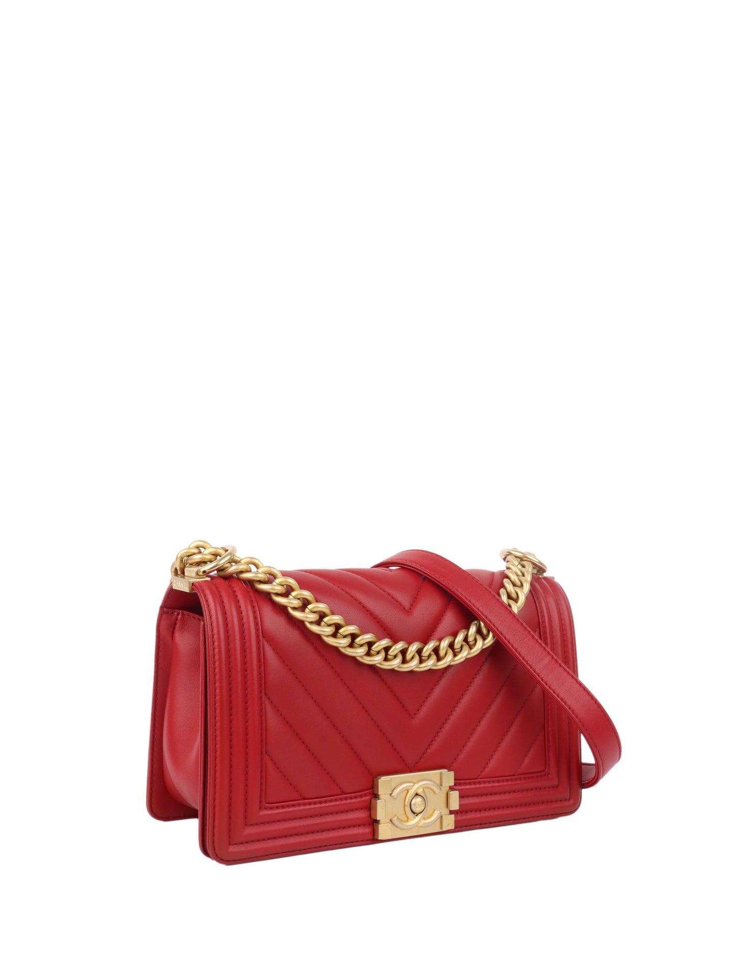 Chanel Medium Red Chevron Boy Bag in Lambskin GHW